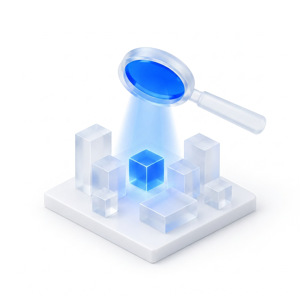 A glass magnifying glass floating above a cluster of glass blocks, its blue beam highlighting one block