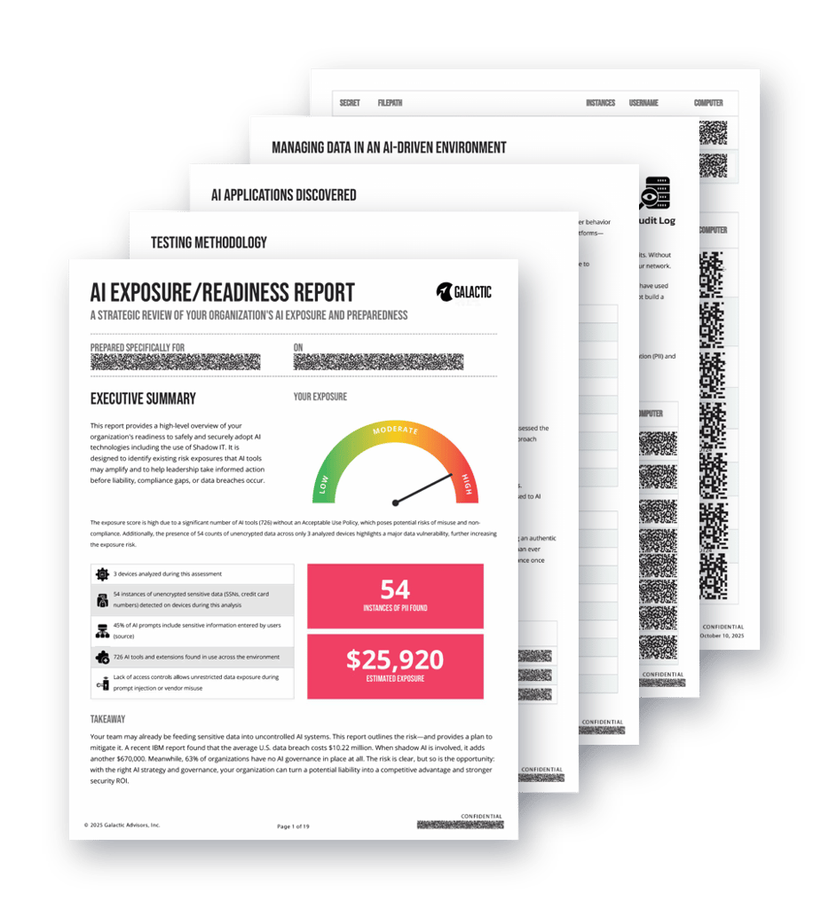 Two pages of Galactic's AI Exposure and Readiness Report, layered