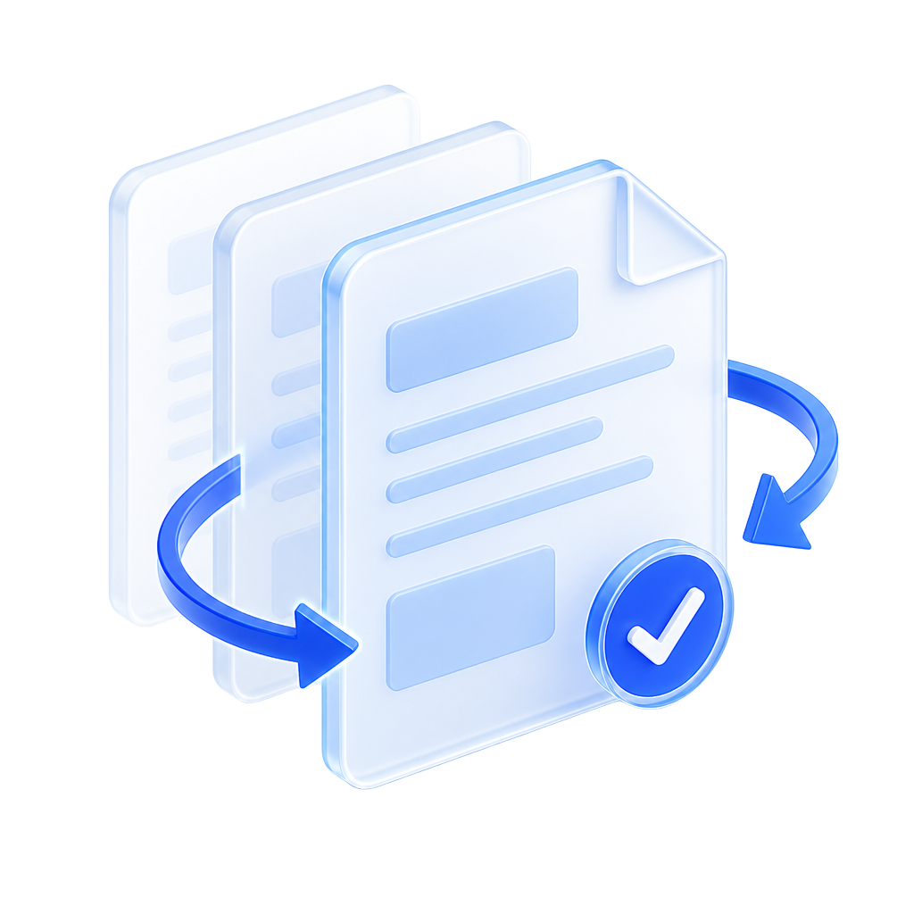 Isometric illustration of a document set updating over time to a current, verified version