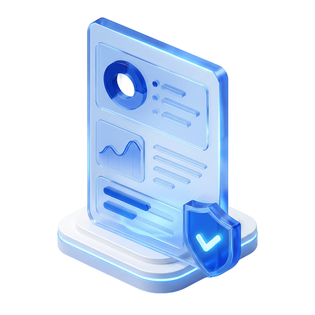 Isometric illustration of a report card with a verification shield