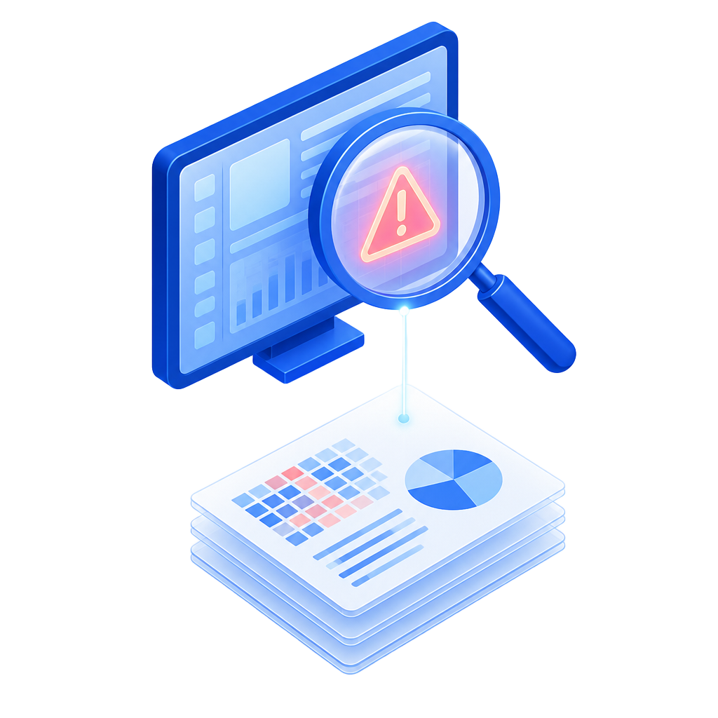 Isometric illustration of a security dashboard inspected under a magnifier, feeding a stack of plain-language reports