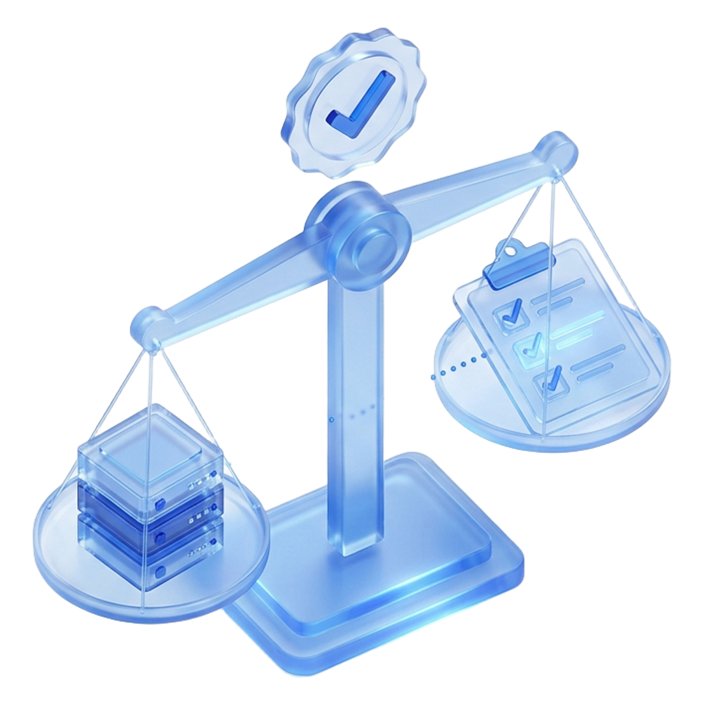 Isometric glass illustration of a balance scale weighing a server stack against a checklist, topped by a verification seal