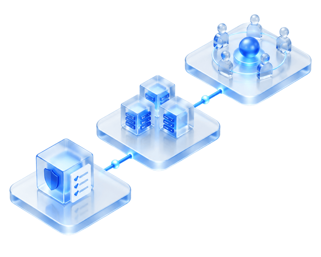 Isometric glass illustration of three rising platforms: a single environment, a cluster of client environments, and a community ring