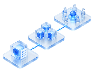 Isometric glass illustration of three rising platforms: a single environment, a cluster of client environments, and a community ring