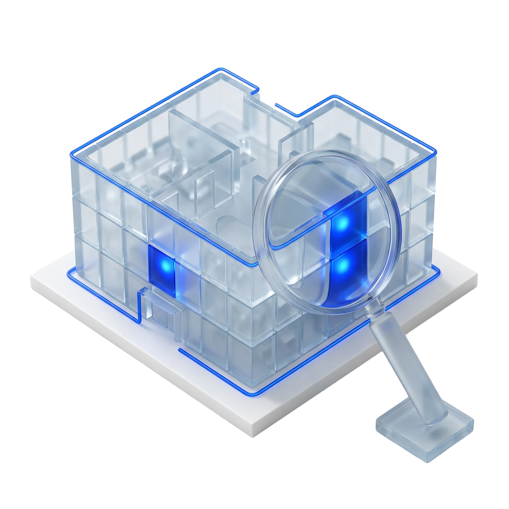 A see-through glass office building with a magnifying lens revealing two glowing weak spots inside