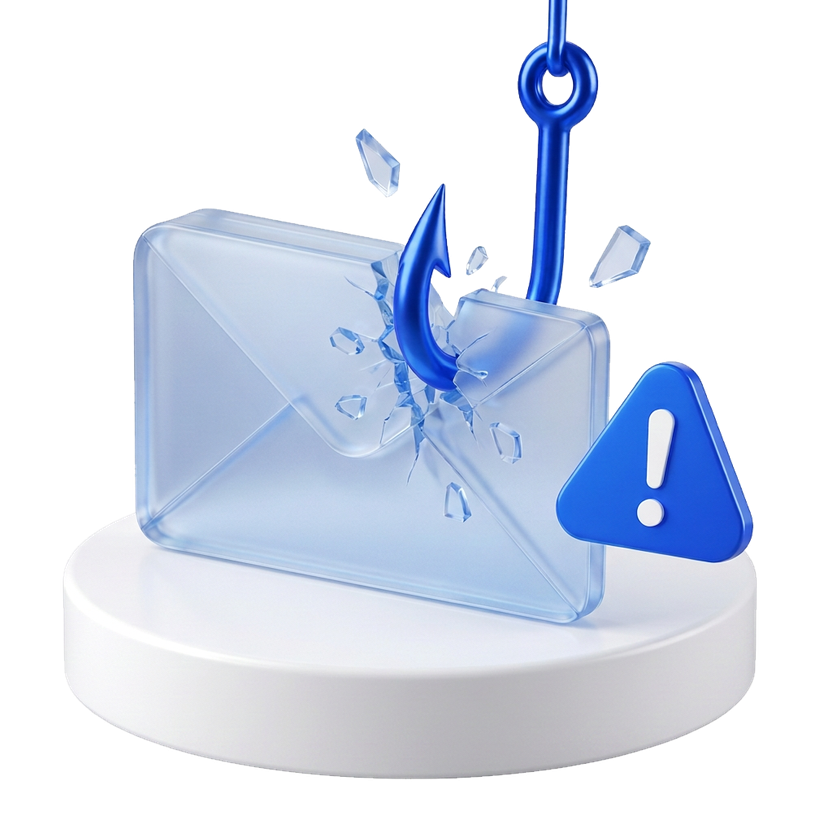 A glass envelope pierced by a phishing hook beside a warning sign