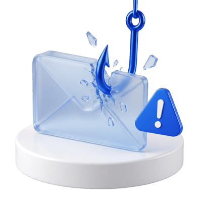 A glass envelope pierced by a phishing hook beside a warning sign