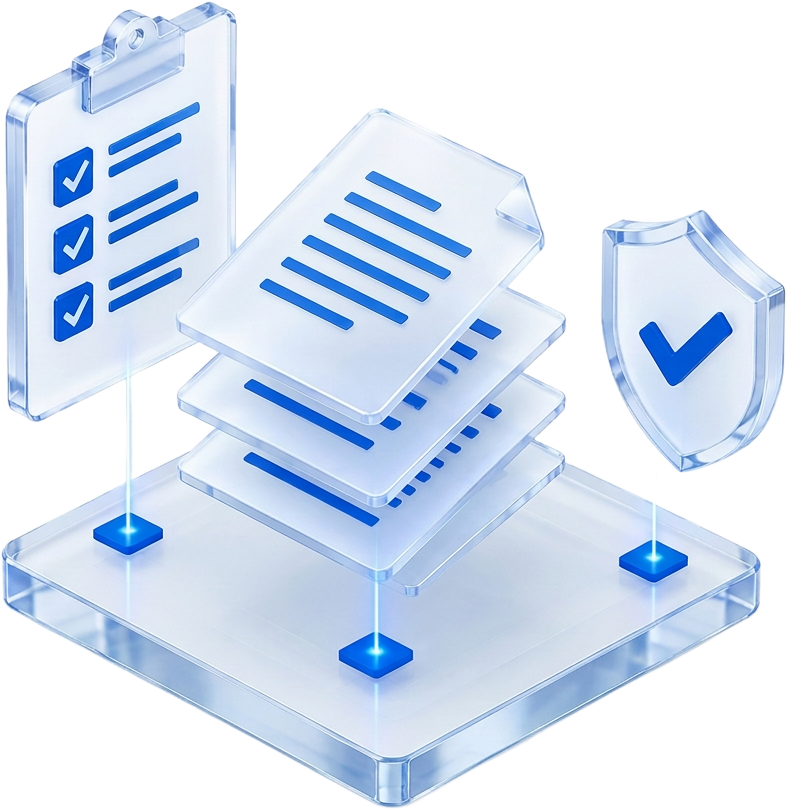 Isometric illustration of policies, standards and playbooks assembled from testing findings