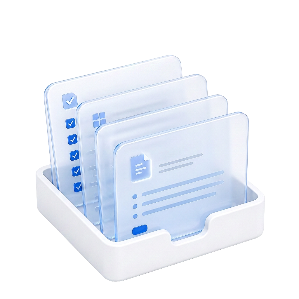 Isometric illustration of templates and checklists stacked in a tray with a download arrow