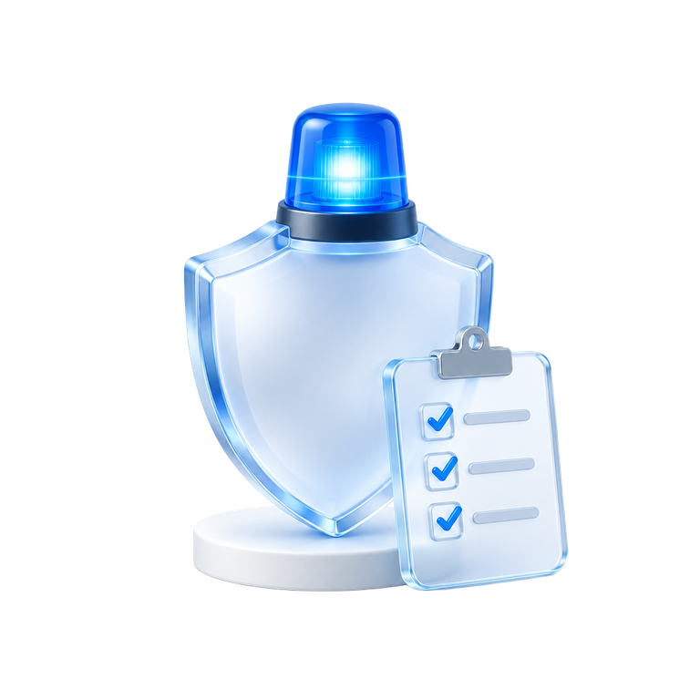 Glass shield with a glowing blue alert beacon beside a response checklist
