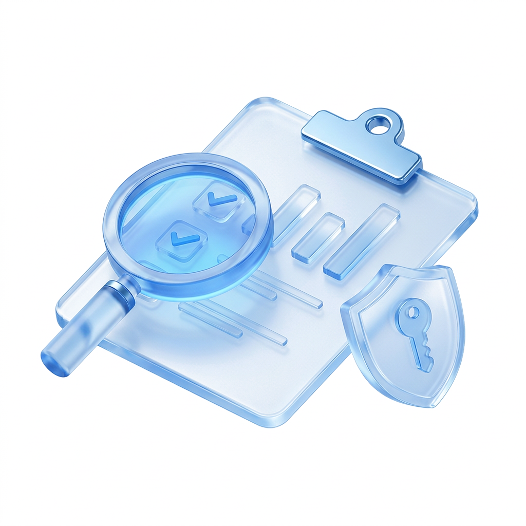 Illustration of a security report on a clipboard under a magnifying glass, beside a shield with a key