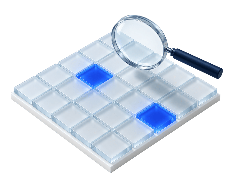 Isometric illustration of a monthly scan surfacing weaknesses across an environment