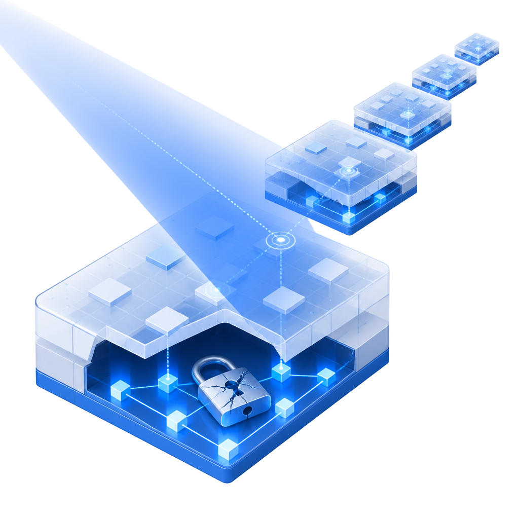 Isometric illustration of a cracked padlock inside a transparent glass cube crossed by blue scanning beams