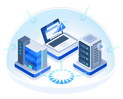 Isometric illustration of three different client environments connected and shielded from inbound attacks