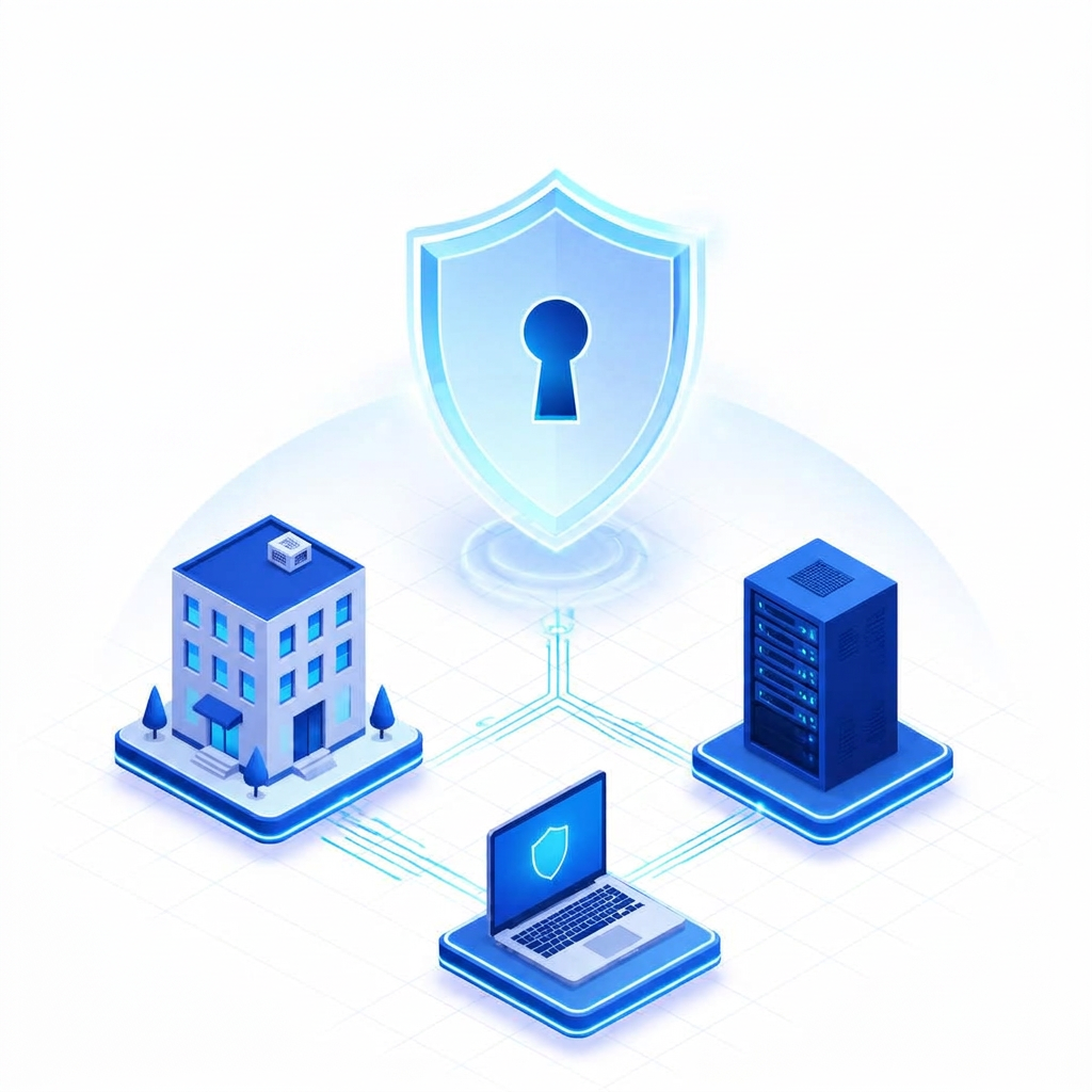 Isometric illustration of three different client environments connected and shielded from inbound attacks