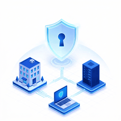 Isometric illustration of three different client environments connected and shielded from inbound attacks