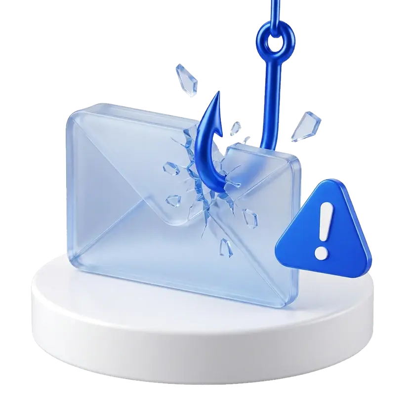 A glass envelope pierced by a phishing hook beside a warning sign