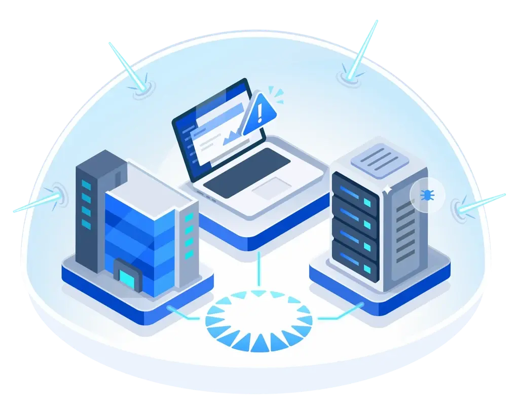 Isometric illustration of three different client environments connected and shielded from inbound attacks