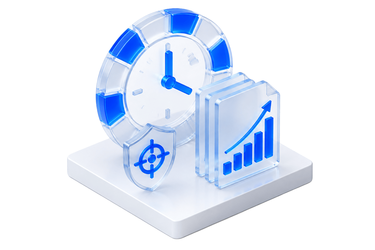 Glass cadence ring beside a stack of reports showing progress over time