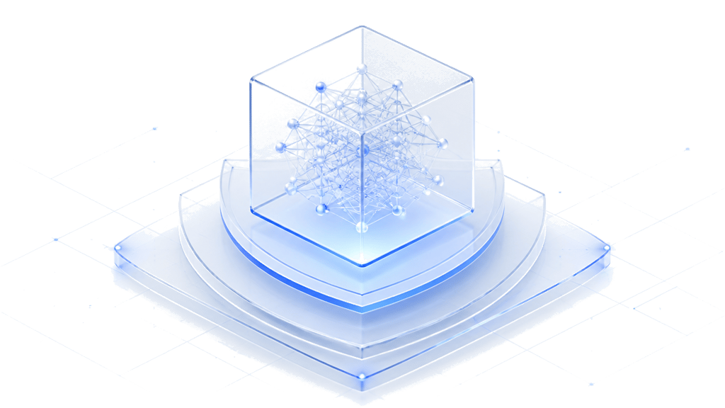 Isometric illustration of an AI model protected by layered glass shields
