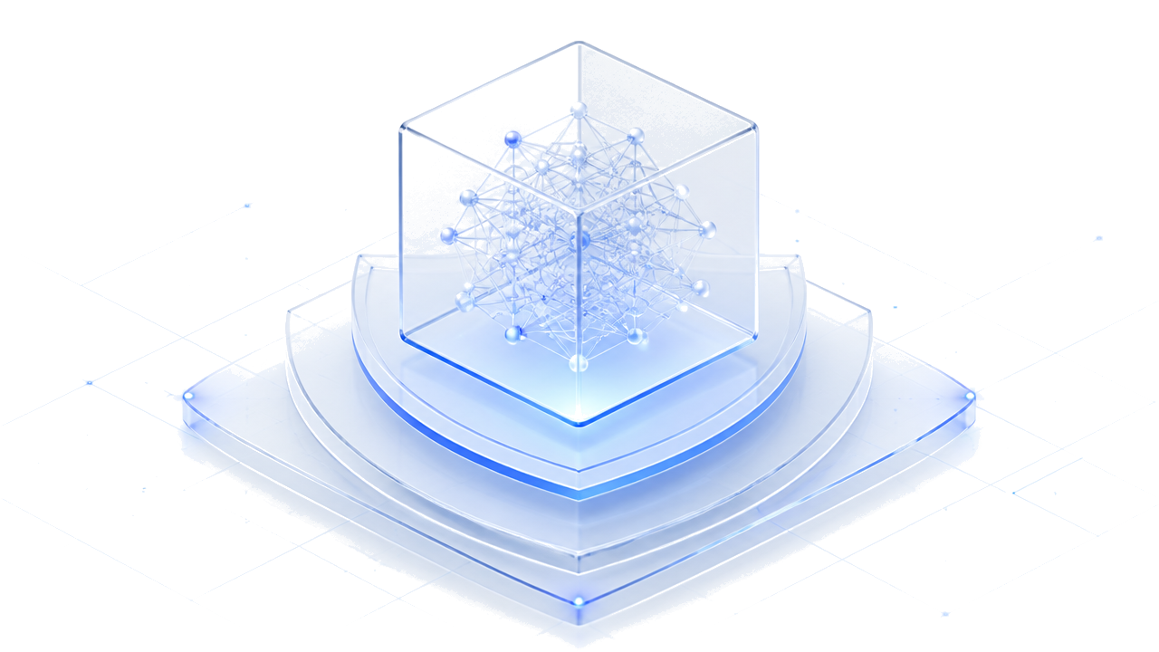 Isometric illustration of an AI model protected by layered glass shields
