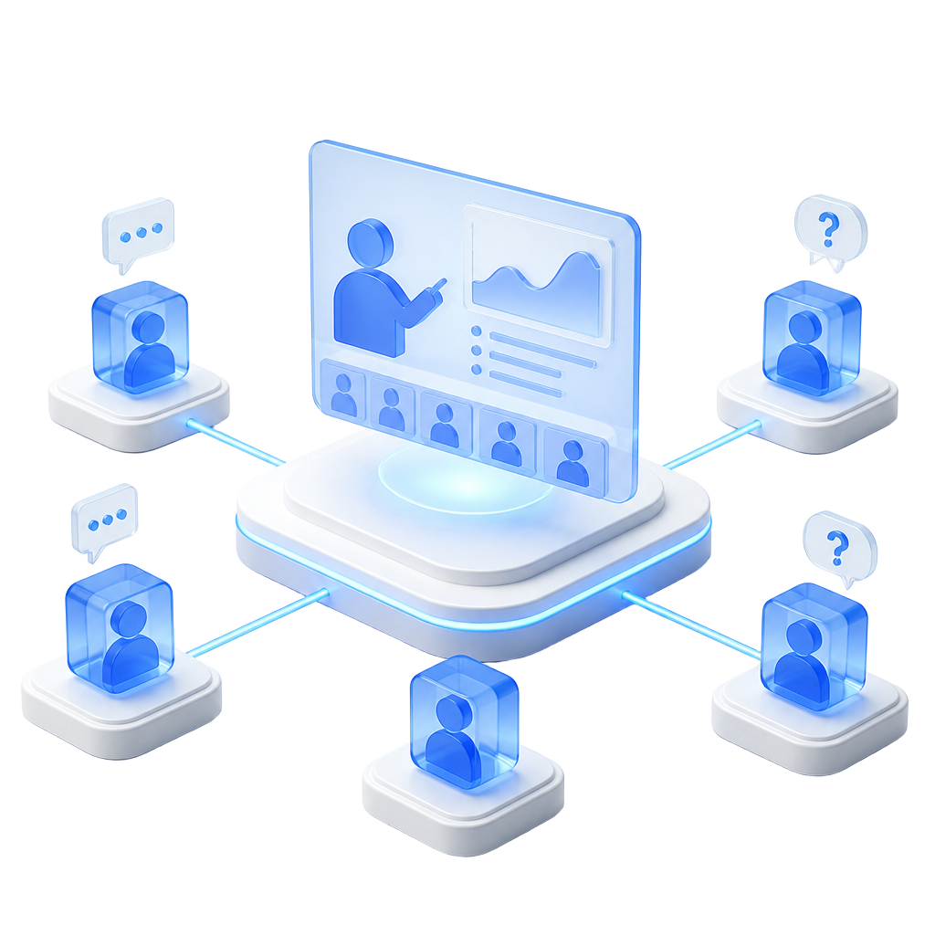 Isometric illustration of a live webinar broadcast with attendees asking questions