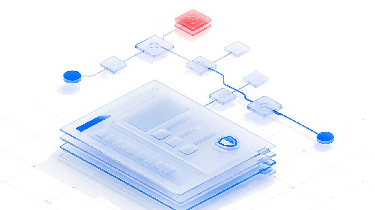 Isometric illustration of an incident response playbook with a branching decision flow