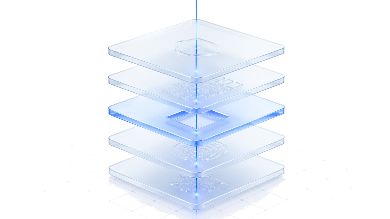 Isometric illustration of a layered security stack with a verification beam passing through it