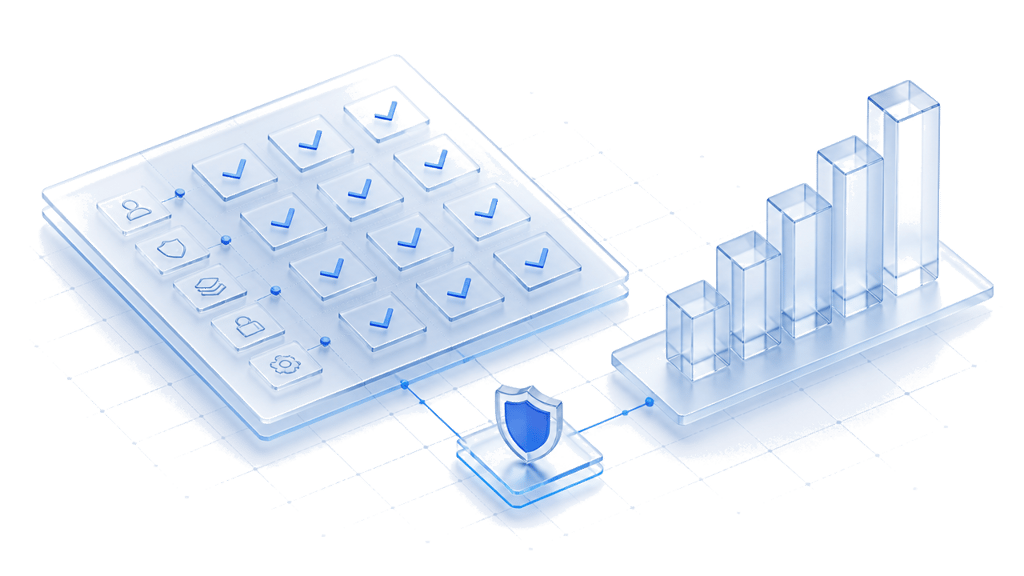 Isometric illustration of a layered security stack built from frosted glass panels