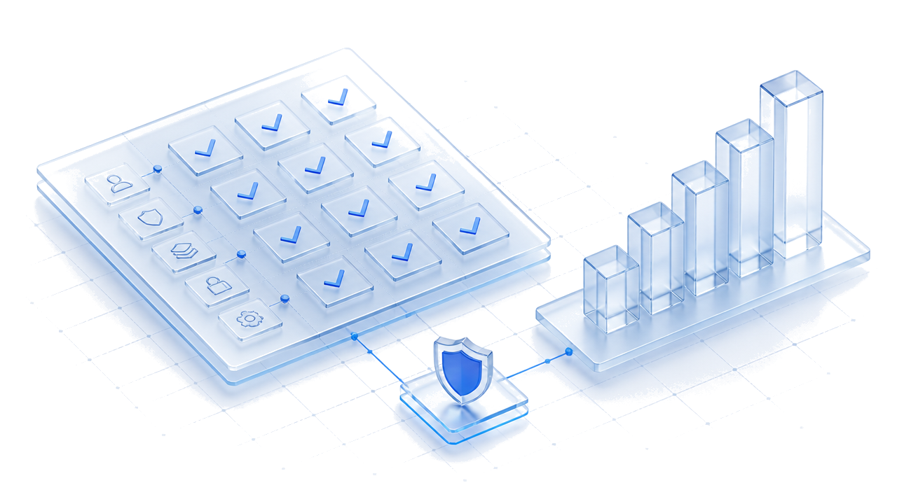 Isometric illustration of a control framework blueprint beside a rising chart of glass blocks