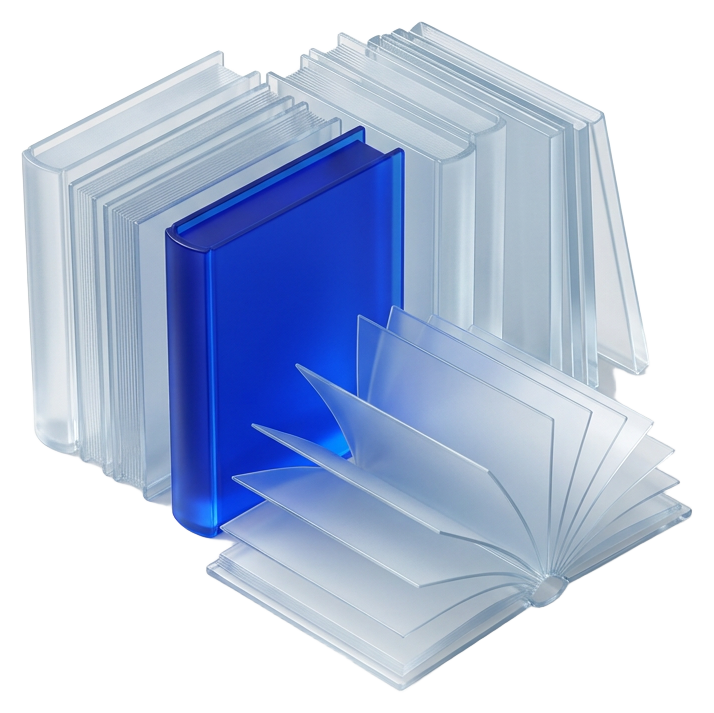 Glass books on a shelf with one glowing blue book and an open book in front